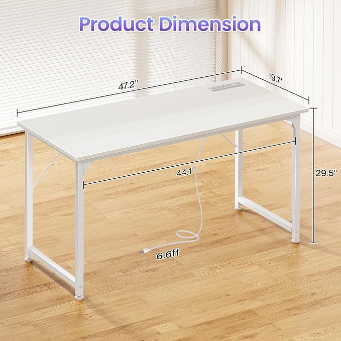 47 X 20 Inch Computer Desk, Power Outlets, USB-C, White | Office Desk with 4 AC Outlets, USB & USB-C, Sturdy Metal Frame, Spacious Desktop for Work, Writing, Study & Gaming