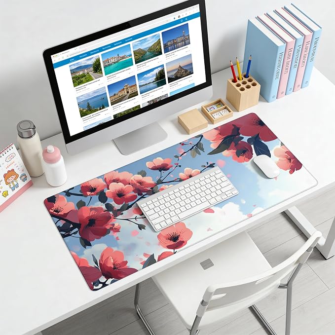 Cute Floral Aesthetic Cherry Gaming Mouse Pad, Blue Pink Anime Desk Mat with Anti-Slip Base & Stitched Edges, Office Supplies & Desk Decor for Women, 35.4" x 15.7" in Home Office Essentials