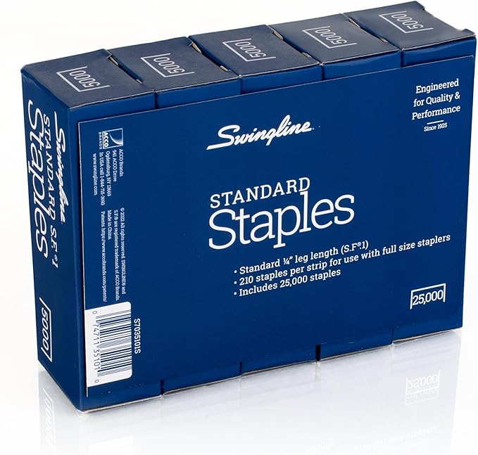 Swingline Staples, 5 Pack, Standard Staples for Desktop Staplers, 1/4" Length, 210/Strip, 5000/Box (35101)