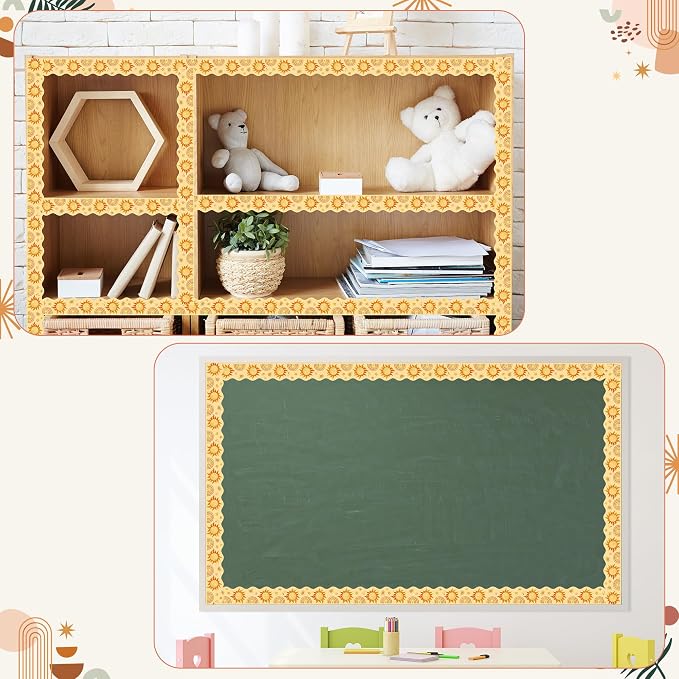 BeYumi Boho Sun Border Trim - 65ft Back to School Boho Sun Scalloped Rolled Border Trim Pastel Watercolor Bulletin Board Set Classroom Office Chalkboard Kindergarten Elementary Home Party Decoration