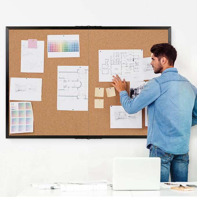 Cork Board Bulletin Board 36 x 48, Black Wood Framed 4x3 Corkboard, Foldable Office Board for Wall Decor, Large Wall Mounted Notice Pin Board with 36 Push Pins for School, Home & Office