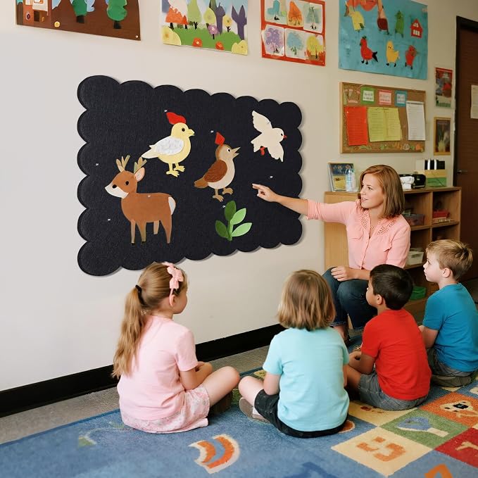 Scalloped Bulletin Board 36x24 inches, Decorative Felt Pin Board for Wall | Cute Cork Board Alternative with Push Pins, Foldable Display Vision Board for Photos, Notes & Reminders