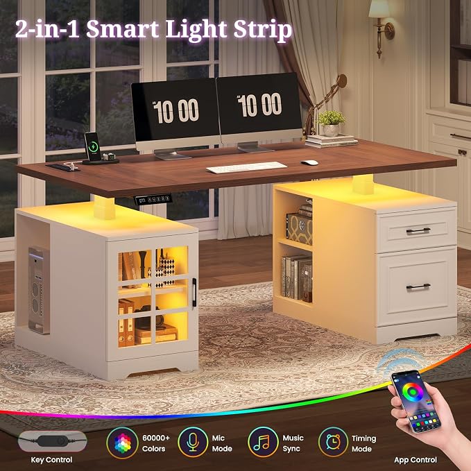 63" Farmhouse Electric Standing Desk with Drawers, Storage Shelves | Executive Height Adjustable Computer Desk with Glass Cabinet,Power Outlet,LED Light, Sit Stand up Desks for Home Office White