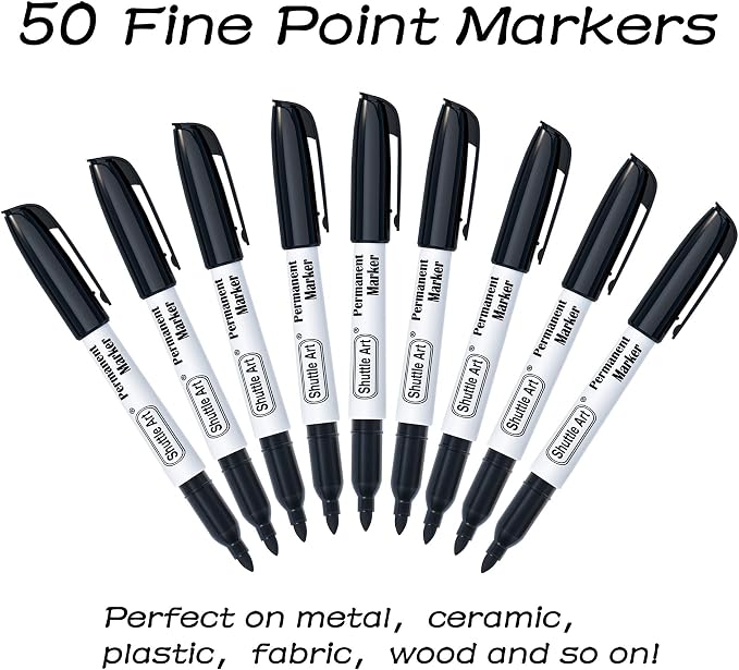 Shuttle Art Permanent Markers, 50 Pack Black Permanent Marker set,Fine Point, Works on Plastic,Wood,Stone,Metal and Glass for Doodling, Marking
