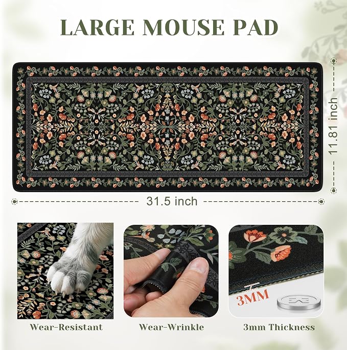 iCasso Aesthetic Floral Desk Mat,Retro Mouse Pads,31.5x11.8in, Black | Anti-Slip Mousepad with Stitched Edges, Waterproof Computer Pad, Desk Accessories Office Decor for Women