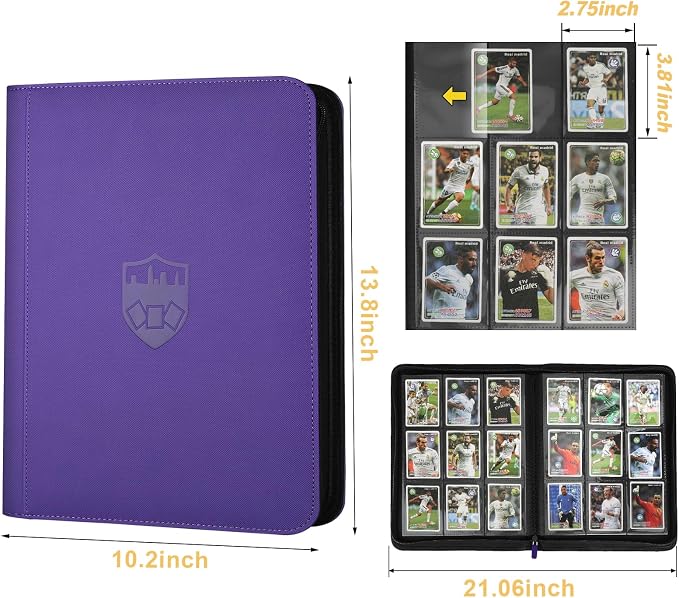 360 Cards Ringless 9-Pocket Side Loading Trading Card Binder, PU Zipper Fixed Page Card Album for TCG Sports Cards, Not Fit Top Loaders (Purple)