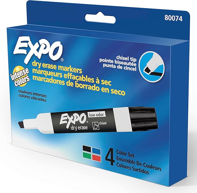 EXPO 80074 Low-Odor Dry Erase Markers, Chisel Tip, Assorted Colors, 4-Count (Pack of 2)