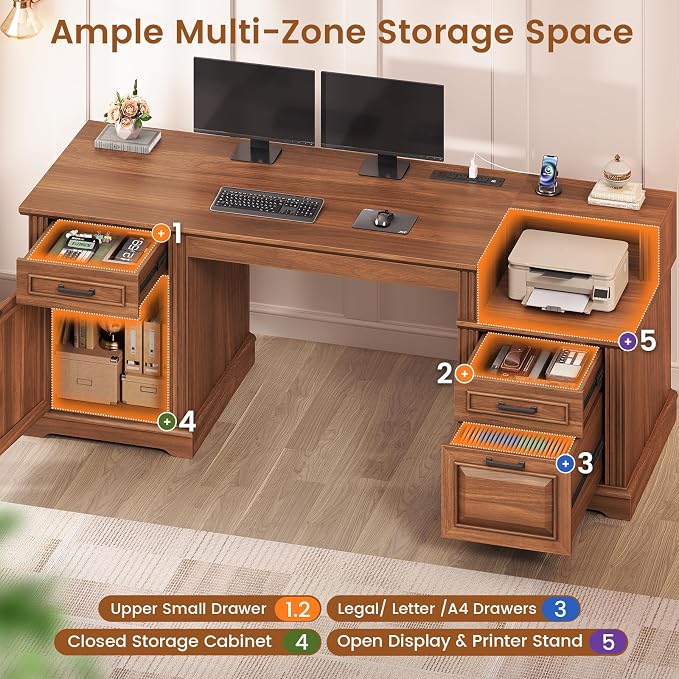 SEDETA Farmhouse Executive Desk, 62'' Home Office Desk with File Drawers, 3Drawer and Storage Cabinet, Computer Desk with Power Outlet for Home Office, Work Study Writing, Walnut