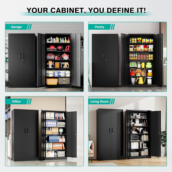 Metal Storage Cabinet with Lock and 5 Adjustable Shelves,Lockable Garage Storage Cabinet,71" Black Steel File Cabinets with Locking Doors,Tool Cabinets for Home,Office,Garage