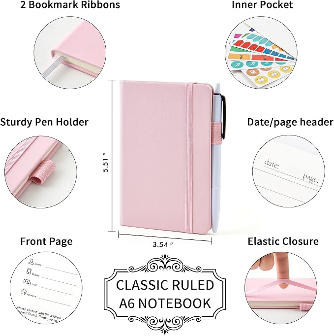 feela 3 Pack Pocket Small Notebook Journals, Mini Cute Memo Notepad Hardcover College Ruled Lined Journals with Pen Holder for Women Girls Office School, with 3 Black Pens, 3.5”x 5.5”, A6, Rose Pink
