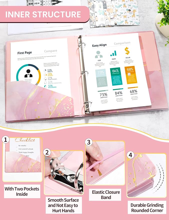 SUNEE Pink Marble 1 Inch 3 Ring Clipboard Binder with Dividers, Letter Size