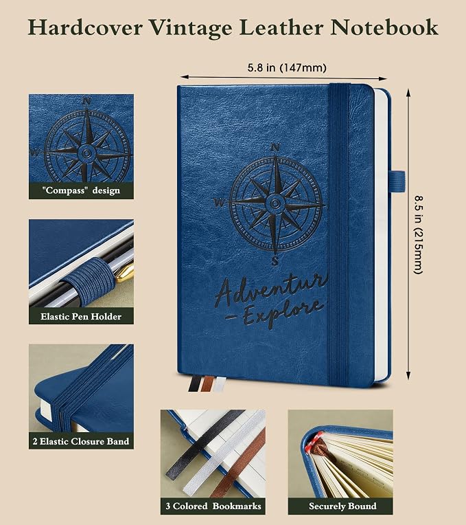 PAIBAS Lined Journal Notebook for Women Men, 160 Pages, A5 Hardcover Vintage Leather Journaling Notebooks for Work, School, Note Taking, Travel, Bible Study, Daily Diary for Writing 5.8"x8.5" (Navy)