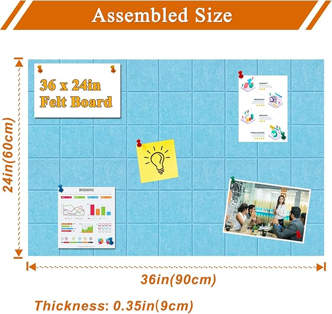 Large Square Felt Cork Board Tiles, Self Adhesive DIY Felt Bulletin Board Pin Board with 35 Pushpins for Office School Home Wall Decor Stickers Memos Photos Display (Sky Blue)