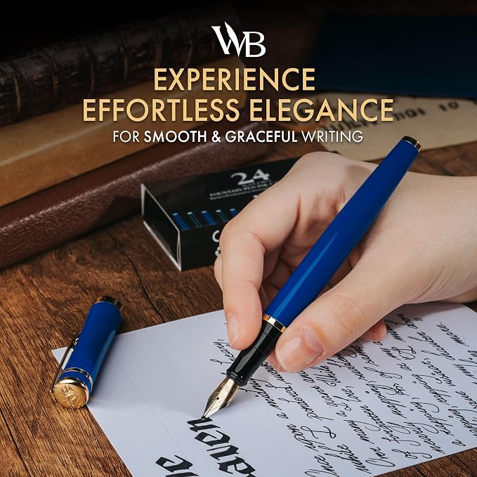Wordsworth & Black Luxury Fountain Pen Set for Writing, Bent Nib, Blue | Gift for Men & Women, Brass Body, German Iridium, Calligraphy, Converter + 24 Ink Cartridges, Refillable, Leak-Free