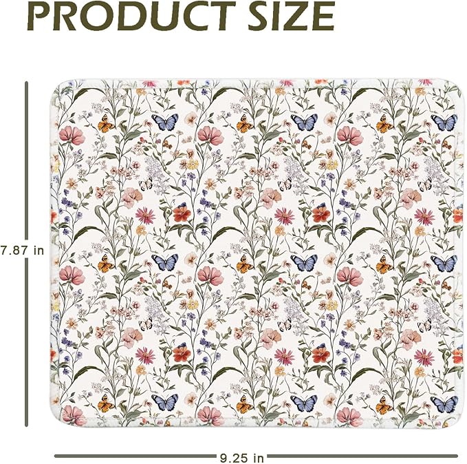 Mouse Pad for Desk with Stitched Edge, Premium Cute Washable Mouse Pads. Computer Mousepad with Non-Slip Rubber Base, Mousepads for Laptop, 9.25x7.75x0.12 inch (Floral Butterflies)