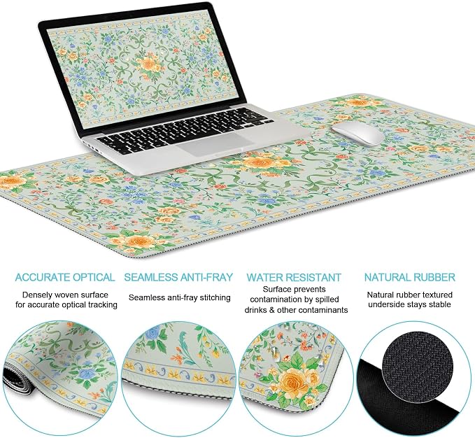 LIMKRIAN Floral Desk Mat Set, Cute Green Mouse Pad with Gel Wrist Rest | Ergonomic Shape Design, XXL Large Desk Pad Stitched Edges, Keyboard Wrist Support, Coaster, Desk Accessories Decor for Women