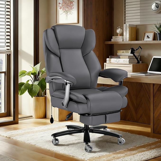 600lbs Big and Tall Office Chair for Heavy People,Heavy Duty Comfy Executive Office Desk Chair with Adjustable Lumbar Support,High Back Reclining PU Leather Computer Chair (Classic, Grey)