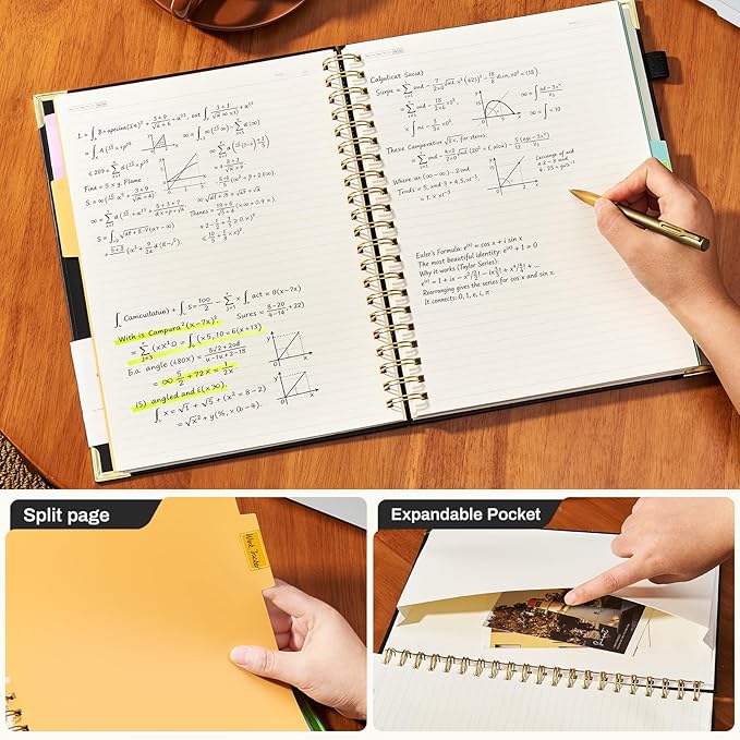 Hardcover Spiral Notebooks 8.5" X 11" Note Taking 5 Subject Notebook College Ruled with Dividers 240 Pages 100GSM Aesthetic Spiral Notebook for Work School Cute Journals for Women Writing, Black