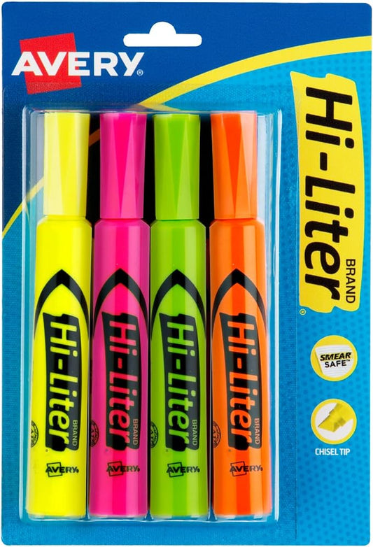 Avery Hi-Liter Desk-Style Highlighters, Smear Safe Ink, Chisel Tip, 4 Assorted Color Highlighters (24063)