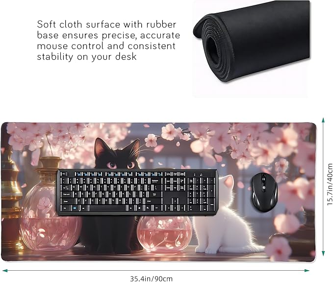 Cute Anime Black&White Cat Gaming Mouse Pad, Pink Dreamy Desk Mat with Anti-Slip Base & Stitched Edges,35.4" x 15.7" in Table Mat for Computer Desktop, Beautiful Workstation Decor