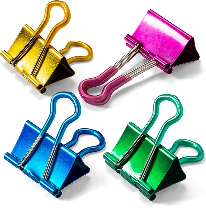 Officemate 31054 Easy Grip Medium Binder Clips, 6 packs of 12 clips each, assorted metallic colors.