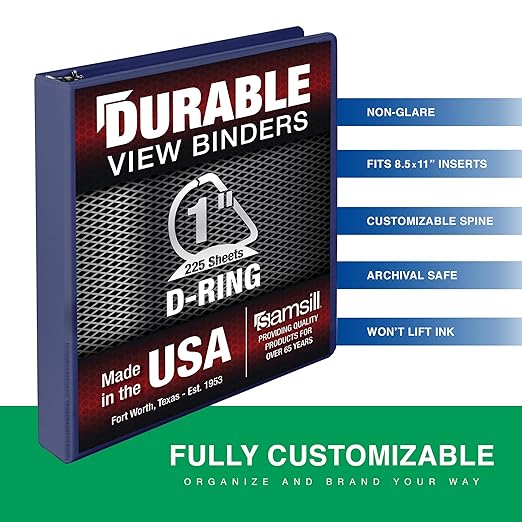 Samsill Durable 1 Inch Binder, D Ring Binder, Customizable Clear View Cover, Midnight Blue, Holds 225 Pages