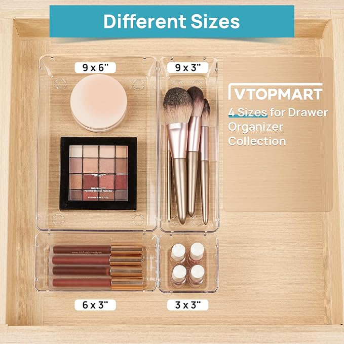 Vtopmart 10 Pack Clear Drawer Organizer Bins, 4 Sizes Makeup Storage Trays | Makeup & Vanity Storage Organizers for Drawers, Bathroom, Office and Daily Essentials, Clear Acrylic Bins Keep Items Sorted