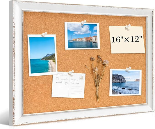 DOLLAR BOSS Distressed White Cork Board, 16"x12" Bulletin Board | Hand-Finished Rustic Frame, Vintage Farmhouse Pin Board, For Office & Home Decor, Includes Pins & Hanging Hardware