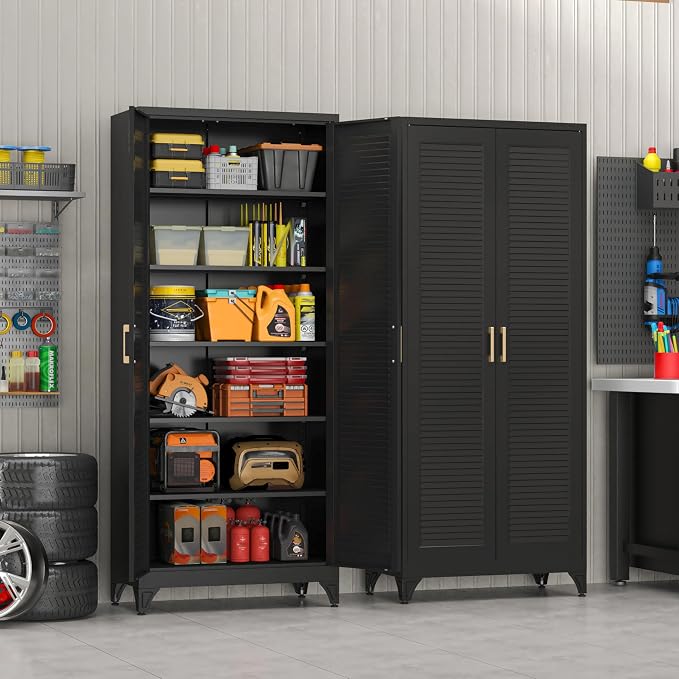 75" Tall Kitchen Pantry Cabinet, Metal Storage Cabinet with Doors | Kitchen Cabinet with 5 Adjustable Shelves, Black Cupboard for Kitchen, Dining Room, Living Room, Bathroom, Garage and Office