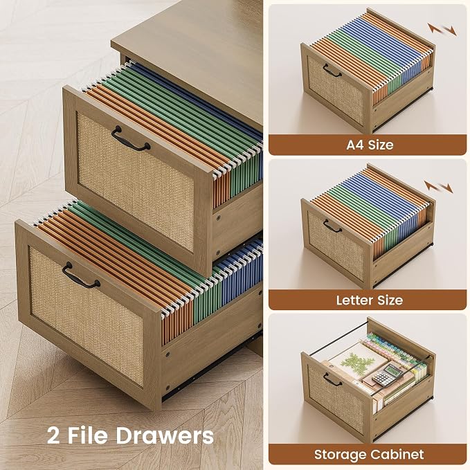 SEDETA Farmhouse 63" L Shaped Desk with Drawers and Storage Cabinet,Oak | Office Desk with File Drawers, Wood Corner Computer Desk with Storage, Home Office Desk with Monitor Stand