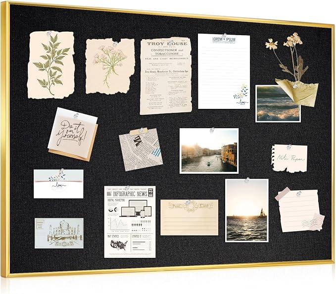 DOLLAR BOSS Bulletin Board with Linen, 36'' x 24'', Golden Frame, Black | Bulletin Board with Linen Fabric 36'' x 24'', Golden Aluminum Frame, Cork Boards for Walls, Decorative Pin Board for Office