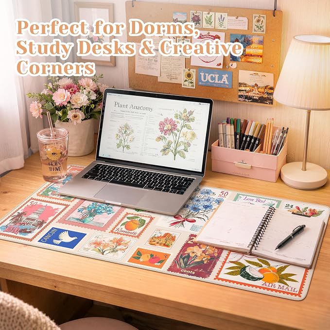 iCasso Vintage Floral Desk Mat, XXL Collage Mouse Pad,Beige | Anti-Slip Big Mousepad with Stitched Edges for Aesthetic Office Decor,Cute Desk Decor Accessories