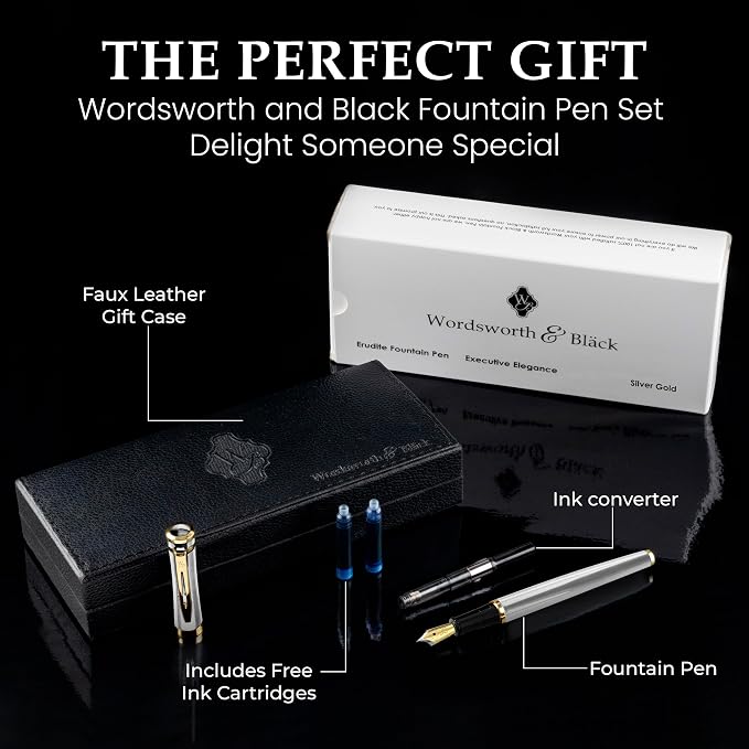 Wordsworth & Black Fountain Pen Set for Writing,Extra Fine Nib, Silver | Gift for Men & Women, Brass Body, 18K German Iridium, Calligraphy, Converter + 24 Ink Cartridges, Refillable, Leak-Free
