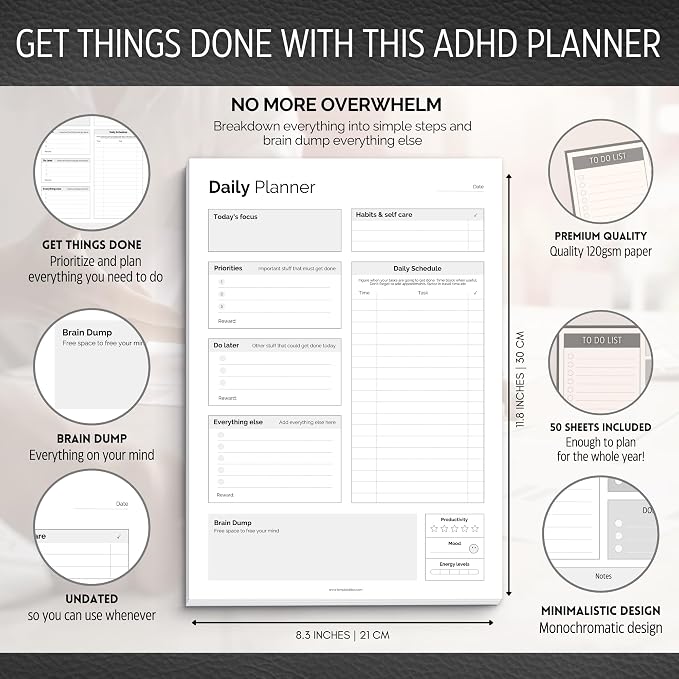 ADHD Daily Planner Notepad for Neurodivergent Adults - Productivity Daily Planner Desk Pad & Task Management to Stay Organized and Focused Note Pad (Mono, A4 Portrait)