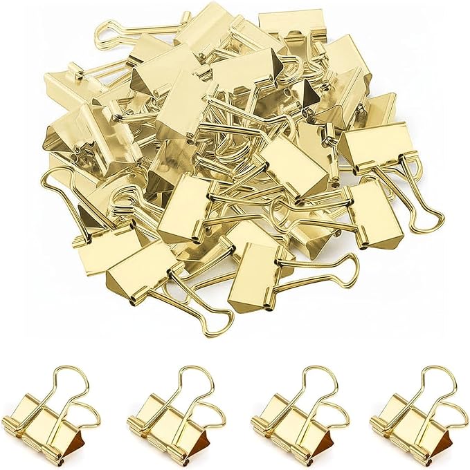 50 Pack Medium Gold Binder Clips 1 Inch (25 mm), Colored Paper Clamps, Middle Size Paper Clips for Office Home School Business 1"