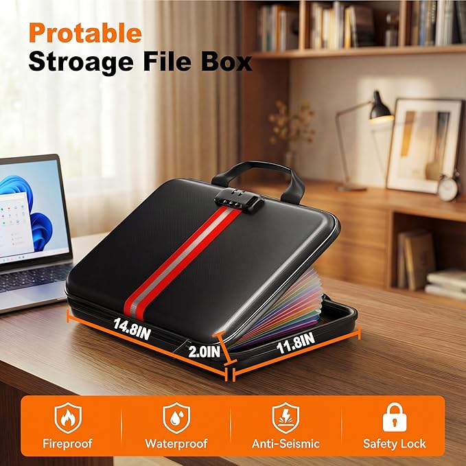 Fireproof Accordion File Organizer with Lock,Hard-Shell Fireproof Document Box with 13 Pockets for Certificates, Passports Laptop Important Documents Portable Home Office Travel Safe Storage