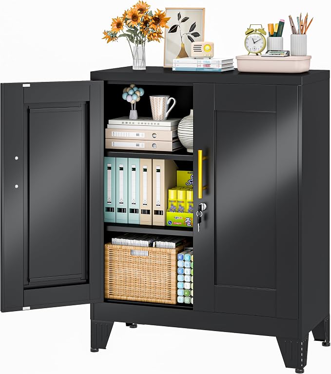 36" Metal File Storage Cabinet with Lock,Steel Locker Organizer, Office File Cabinet with 2 Doors and 2 Adjustable Shelves,Outdoor Tool Garage Cabinets for Home Office,Gym,School,Warehouse(Black)