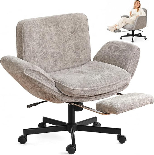 Criss Cross Chair with Footrest & 5 Level Folding Arms Full Relaxation, Wide Cross Legged Office Chair for Home Office, Comfy Swivel Desk Chair with Ottoman, Chenille Vanity Chair (Grey)