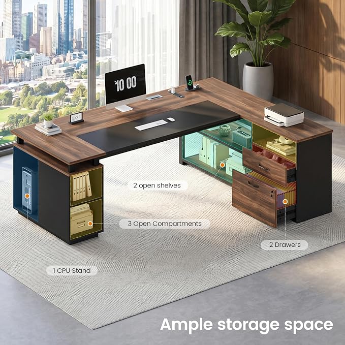 71" Executive Desk with Lockable File Cabinet, L Shaped Office Desk | with 2 Drawers, Storage Cabinet, Power Outlets, Executive Desk with CPU Stand and Storage Shelves,Modesty Panel, Walnut