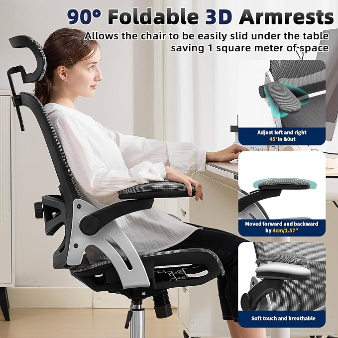 Fizzin Office Chair Mesh Desk Chair with 3D Armrests Computer Chair | Ergonomic Office Chair with Adjustable Lumbar Support and Headrest 125° Tilt and Wide Mesh Cushion High Back Home Desk Chair