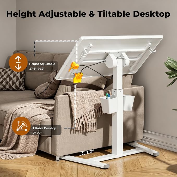 35" Glass Mobile Standing Desk, Foldable Desktop for Storage | Height Adjustable Portable Drafting & Laptop Desk with Wheels, Small Rolling Whiteboard for School Home Office, White