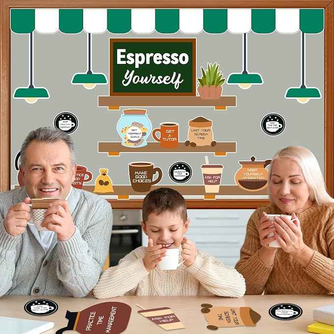 Coffee Bulletin Board Set Mental Health Classroom Bulletin Board Decorations Coffee Shop Motivational Cutouts Classroom Decorations for Back to School Office Home Chalkboard Decor Wall Door