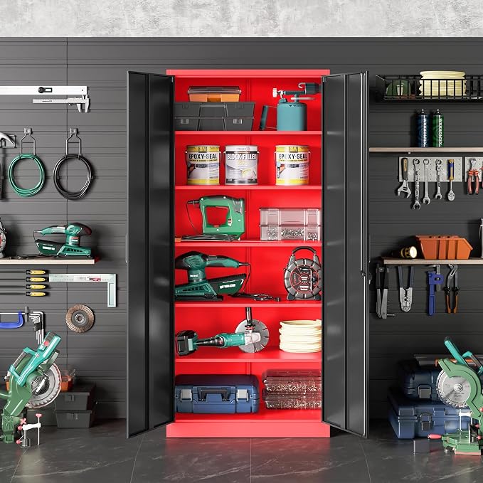 Wide & Deep Metal Storage Cabinet with 5 Shelves,72" Tall Red Garage Storage Cabinet with Lock,Metal Cabinets with Locking Doors,Lockable Steel Cabinets for Home,Office,Shop,Garage,72x36x18