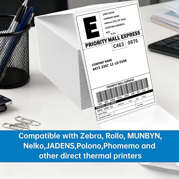 4000 4x6 Thermal Labels 1000/Stack, HUOJI Shipping Thermal Labels 4x6 Fanfold Compatible with Rollo, Zebra, MUNBYN Printers (Commercial Grade)