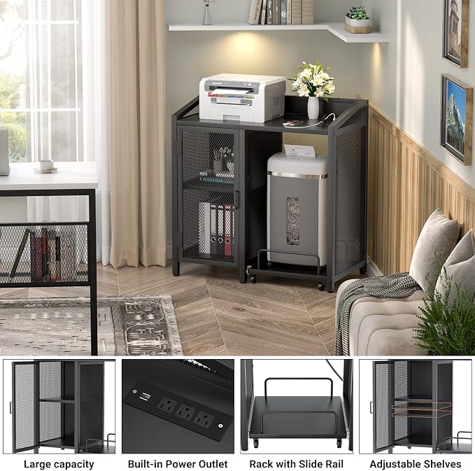 Unikito Large Printer Stand with Power Outlet and Storage Shelf, Black | Printer Table with Paper Shredder Stand On Wheel, File Cabinet with PC Tower Shelf and Adjustable Storage for Home Office
