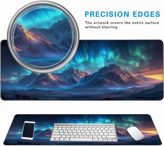 Extra Large Gaming & Office Mouse Pad 31.5" x 11.8" – Aurora Borealis Over Winter Landscape Snow Mountains & Captivating Night Sky, Desk Mat with Durable Stitched Edges for Home&Game Decor