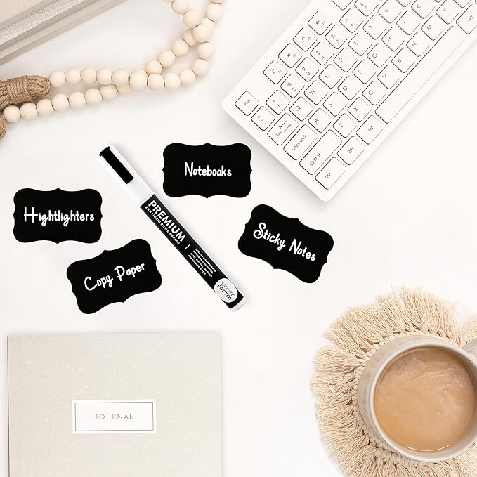 200 Chalkboard Labels for Containers - Waterproof Black Jar Labels with Chalk Markers, Reusable Chalk Stickers Kitchen Pantry Containers and Storage Bin Organization