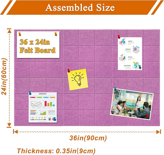 Large Square Felt Cork Board Tiles, Self Adhesive DIY Felt Bulletin Board with 35 Pushpins for Office School Home Wall Decor Stickers Memos Photos (Light Purple)