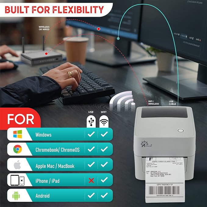 Arkscan 2054K-WF Shipping Label Printer USB & WiFi Connection, Work w/iPhone Windows Mac Chromebook Android Support Amazon Paypal Shopify Shipstation UPS USPS FedEx Direct Thermal