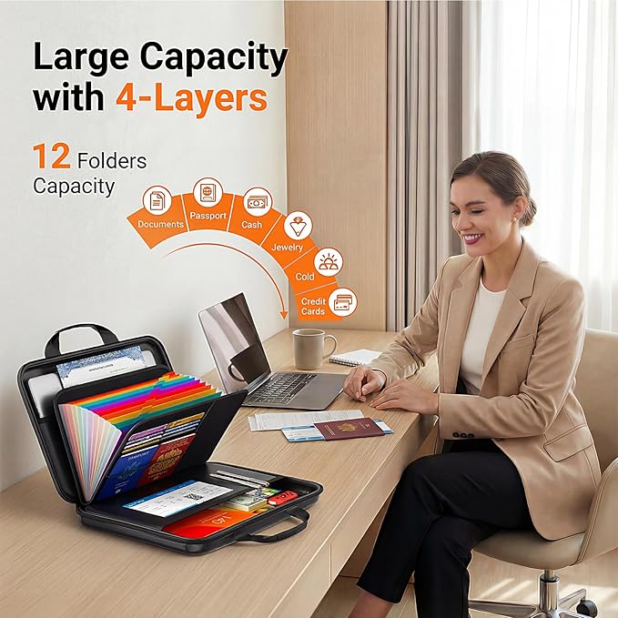 Fireproof Accordion File Organizer with Lock,Hard-Shell Fireproof Document Box with 13 Pockets for Certificates, Passports Laptop Important Documents Portable Home Office Travel Safe Storage